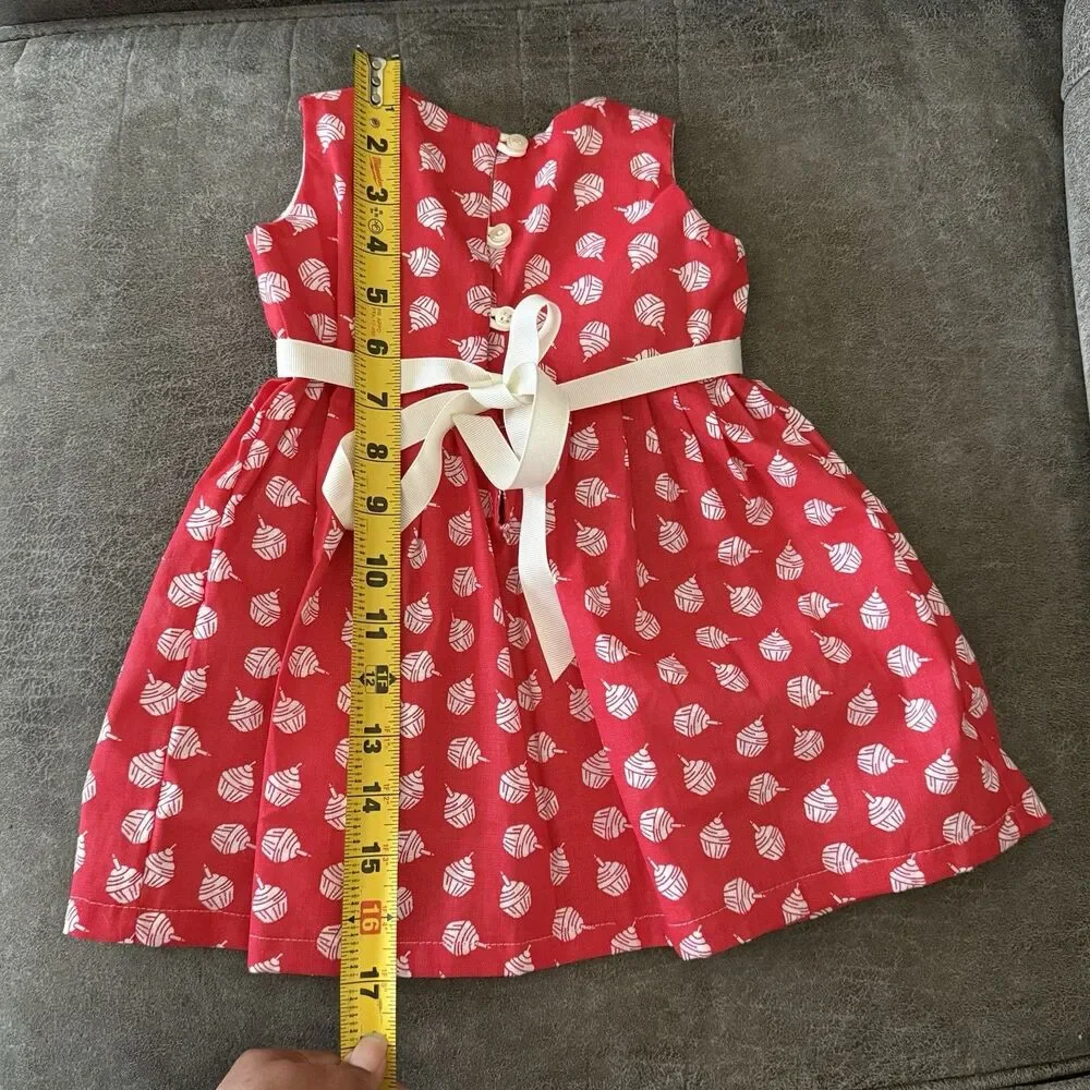 Baby Girl Dress 6-12 Months Red White Print Ribbon Sleeveless Cute - Picture 7 of 12
